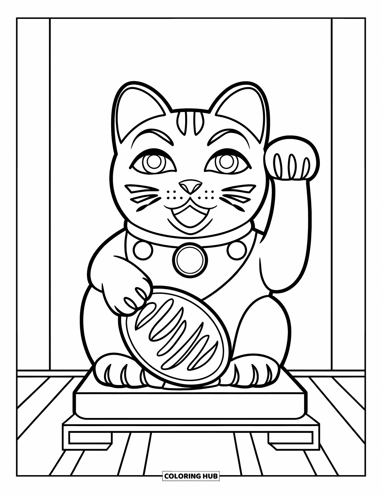 Japan Coloring Page for Kids: A traditional Maneki Neko statue sits proudly, holding a gold coin in its paws