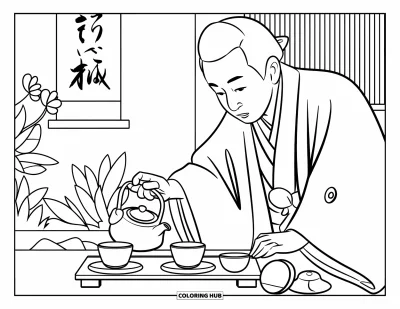 Coloriage Japon pour enfants : Une cérémonie du thé traditionnelle se déroule avec une petite théière, des tasses et un cadre paisible