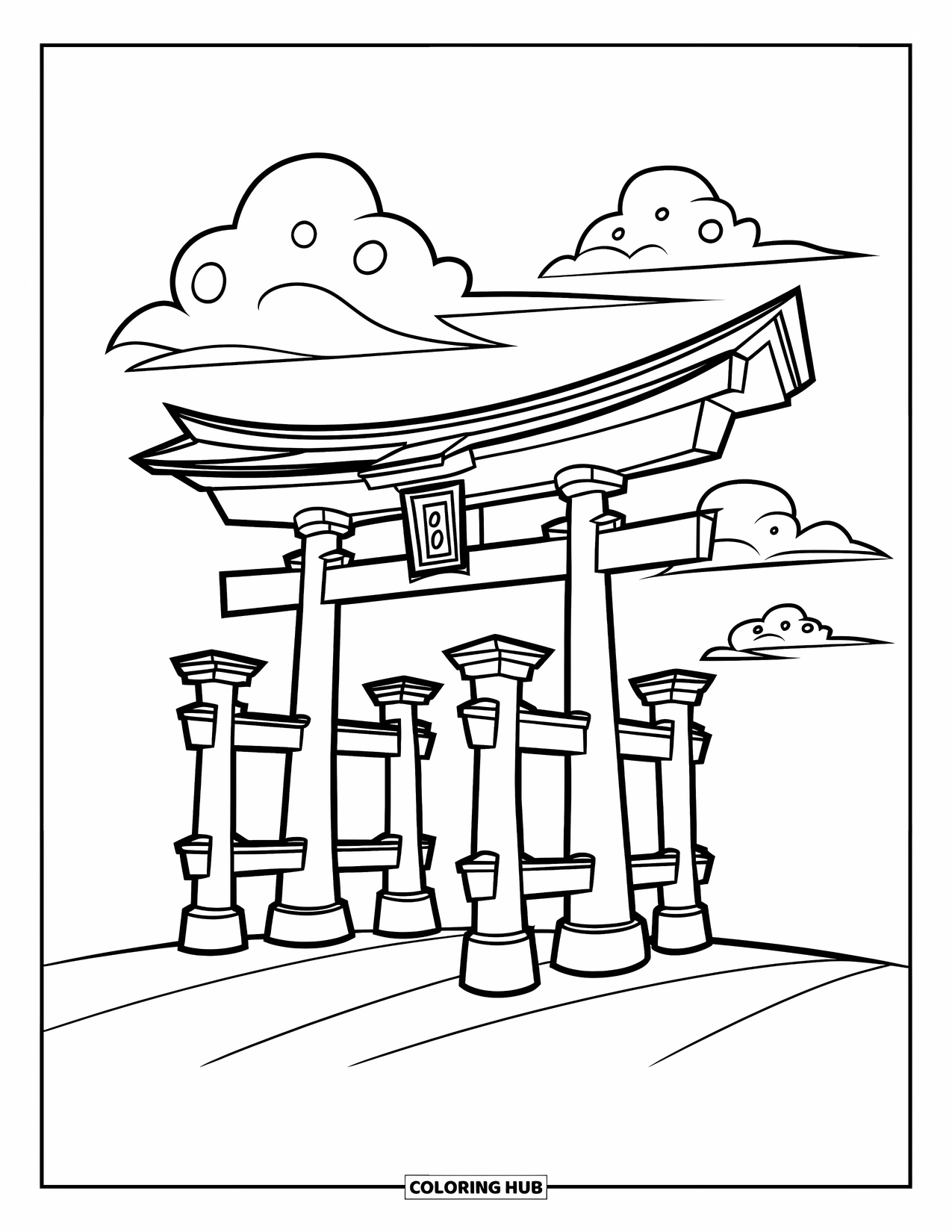 Japan Coloring Page for Kids: A traditional torii gate rises from a peaceful landscape, framed by drifting clouds