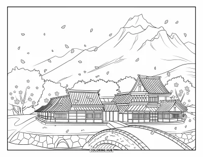 Coloriage Japon pour enfants : Un village avec des maisons en bois et des cerisiers sakura est situé près d'un fossé avec un pont en pierre