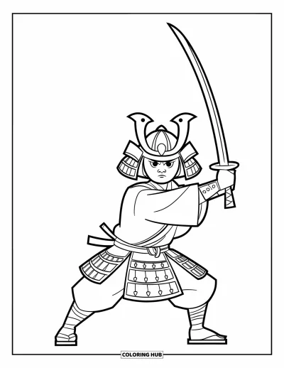 Coloriage Japon pour enfants : Un guerrier en armure complexe manie un katana dans une position de combat forte et prête