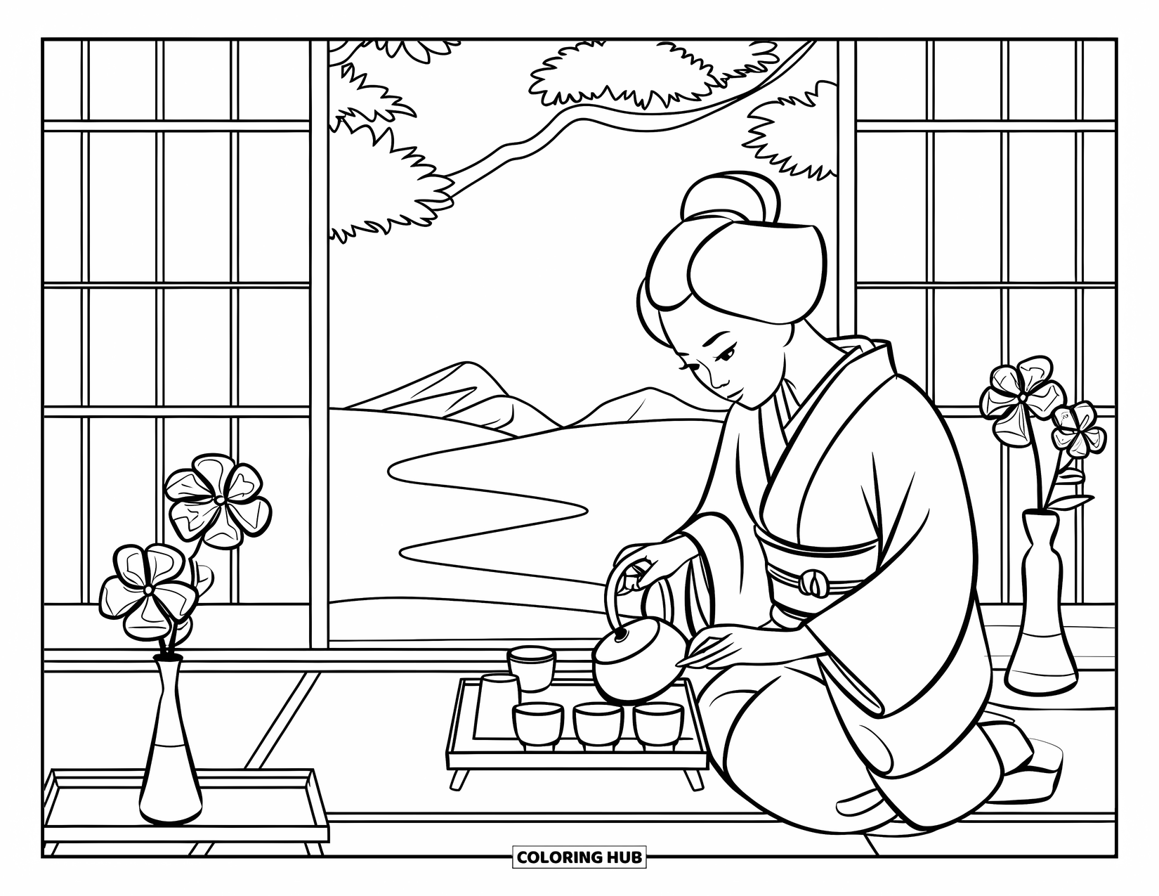 Japan Coloring Page for Kids: A woman in a kimono pours tea in a quiet room with shoji screens