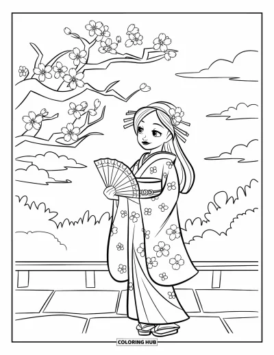 Coloriage Japon pour enfants : Une femme en kimono se tient sous les fleurs de cerisier, encadrée par un jardin paisible