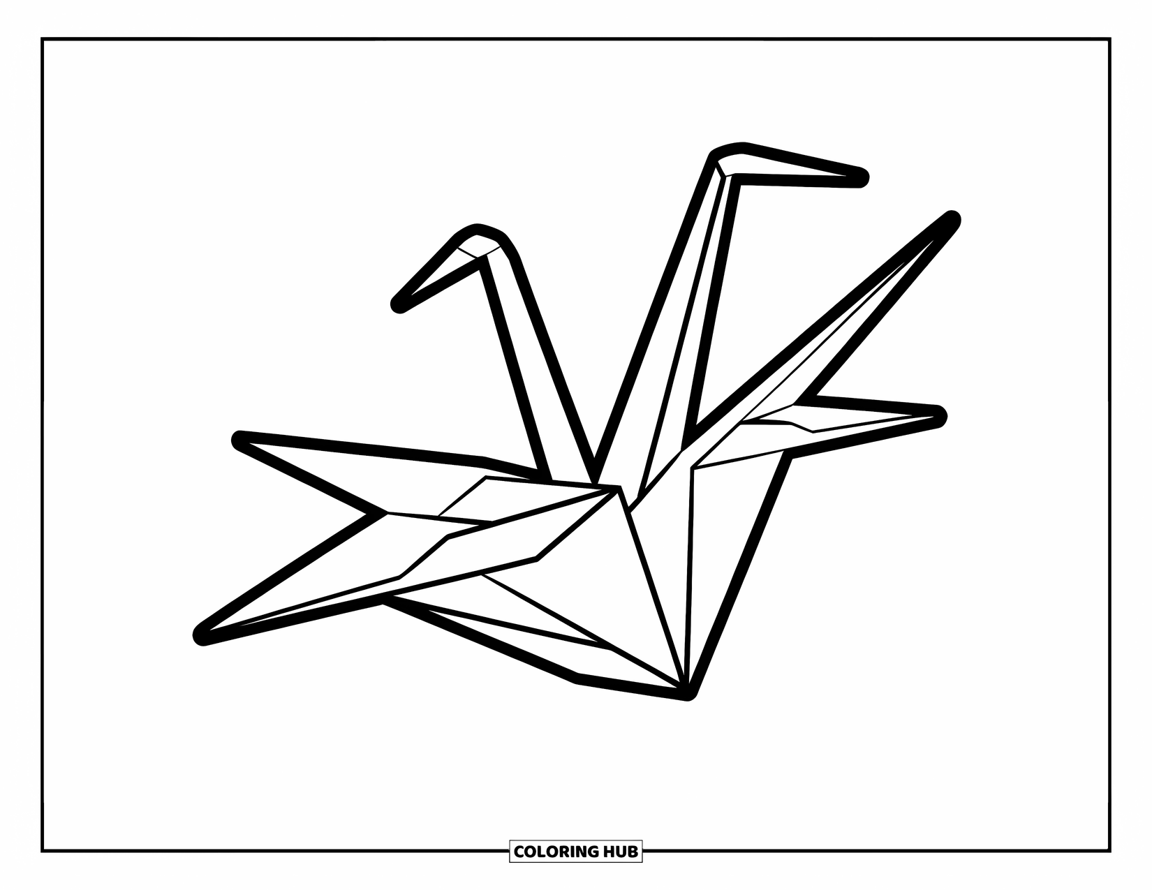 Japan Coloring Page for Kids: An origami crane with crisp folds appears to soar against a clear sky