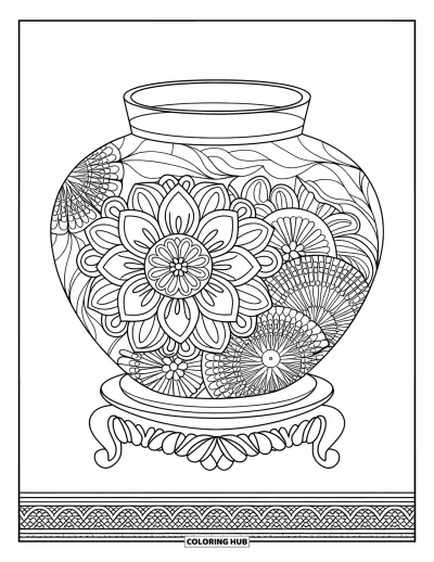 Desen de colorat cu borcan pentru adulți: Un borcan floral pe un suport de lemn prezintă petale asemănătoare cu mandala și o bordură decorativă