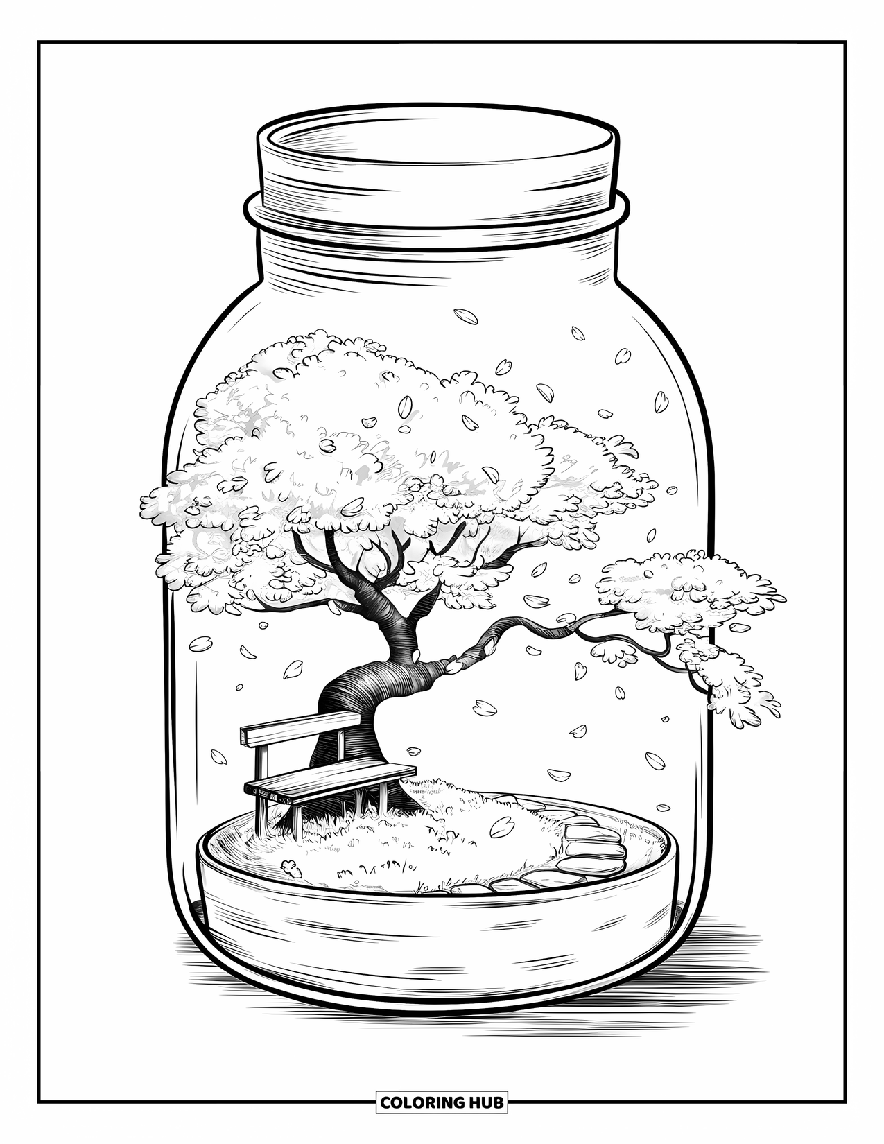 Jar Coloring Page for Adults: A jar holds a cherry blossom tree with drifting petals, a bench, and path