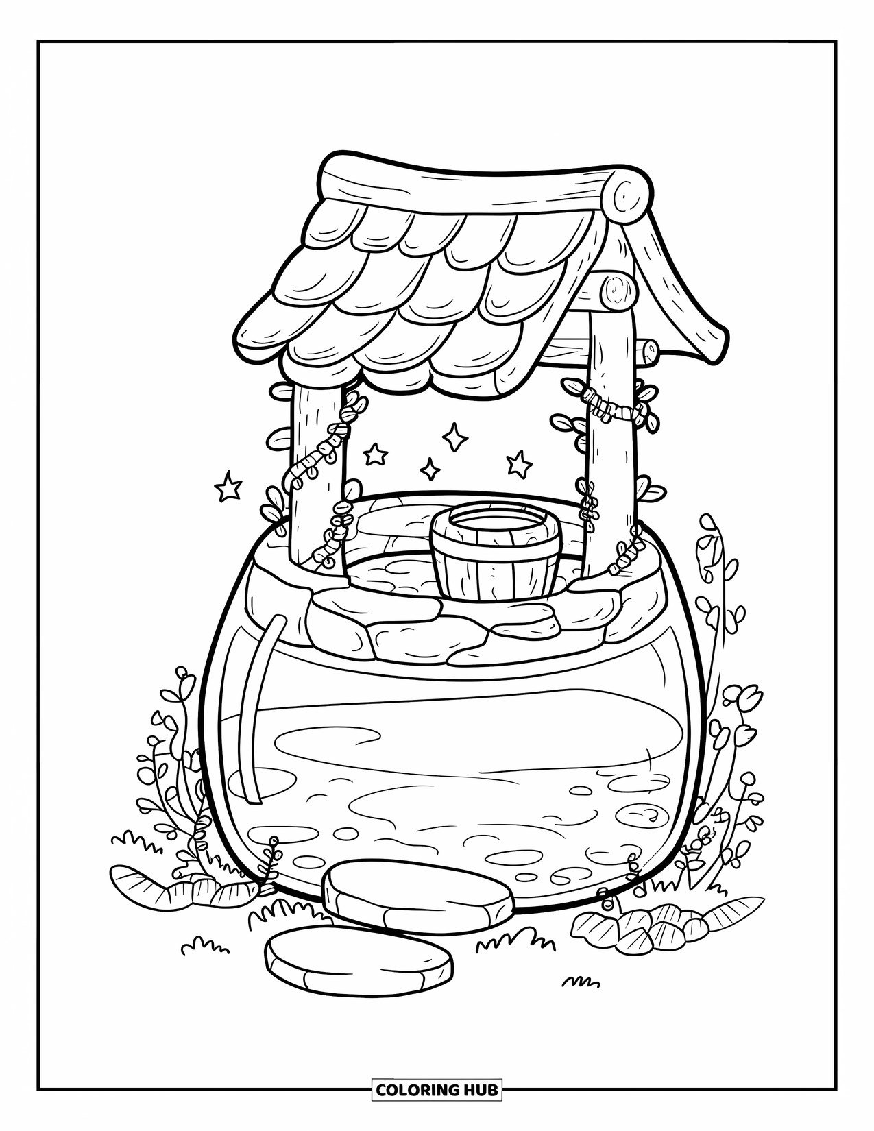Jar Coloring Page for Adults: A jar holds a stone well with vines, a bucket, stepping stones, and floating stars