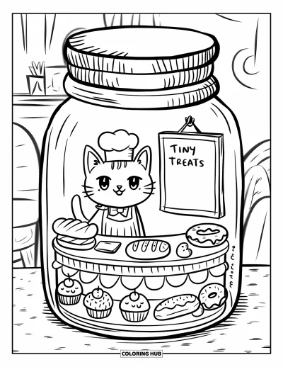 Desen de colorat cu borcan pentru adulți: Un borcan conține o brutărie mică cu o pisică tabby, dulciuri și un meniu
