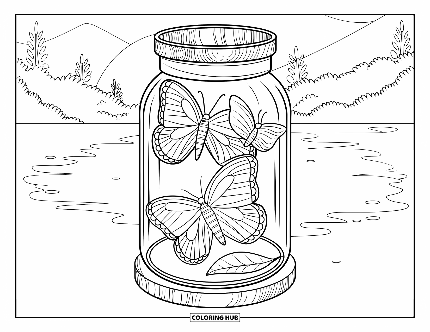 Jar Coloring Page for Adults: A jar on wood holds three butterflies with unique patterns against a serene landscape