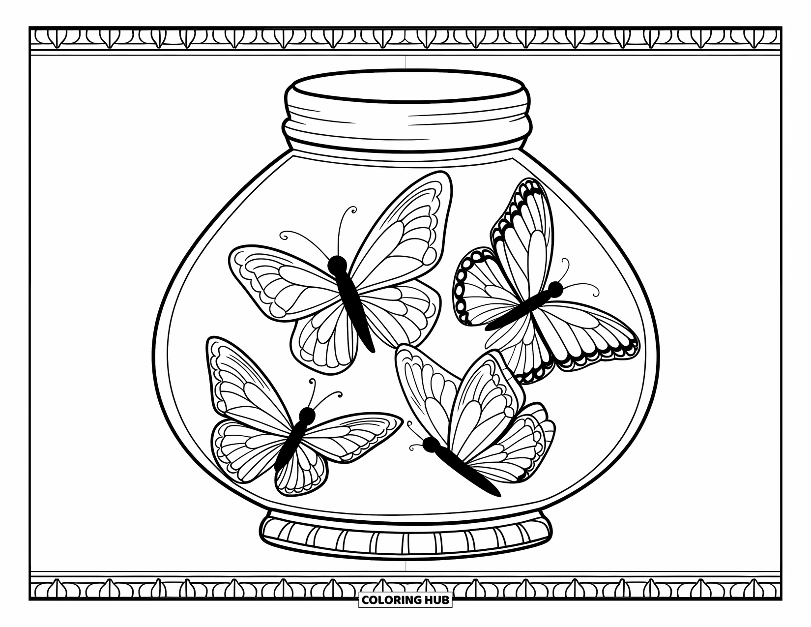 Jar Coloring Page for Adults: A jar on wood with three butterflies with unique patterns features a decorative border