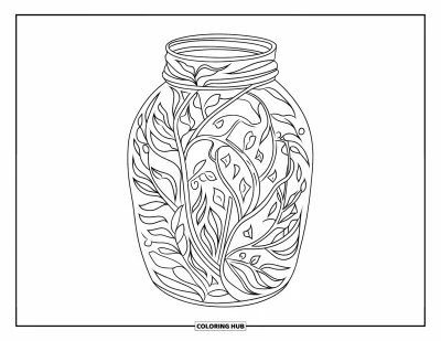 Desen de colorat cu borcan pentru adulți: Un borcan cu ramuri și frunze înfășurate stă pe alb, oferind un design sofisticat