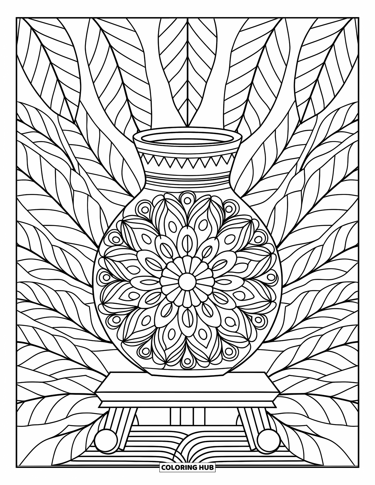 Jar Coloring Page for Adults: A mandala-inspired jar on a wooden stand is set against a patterned leaf background