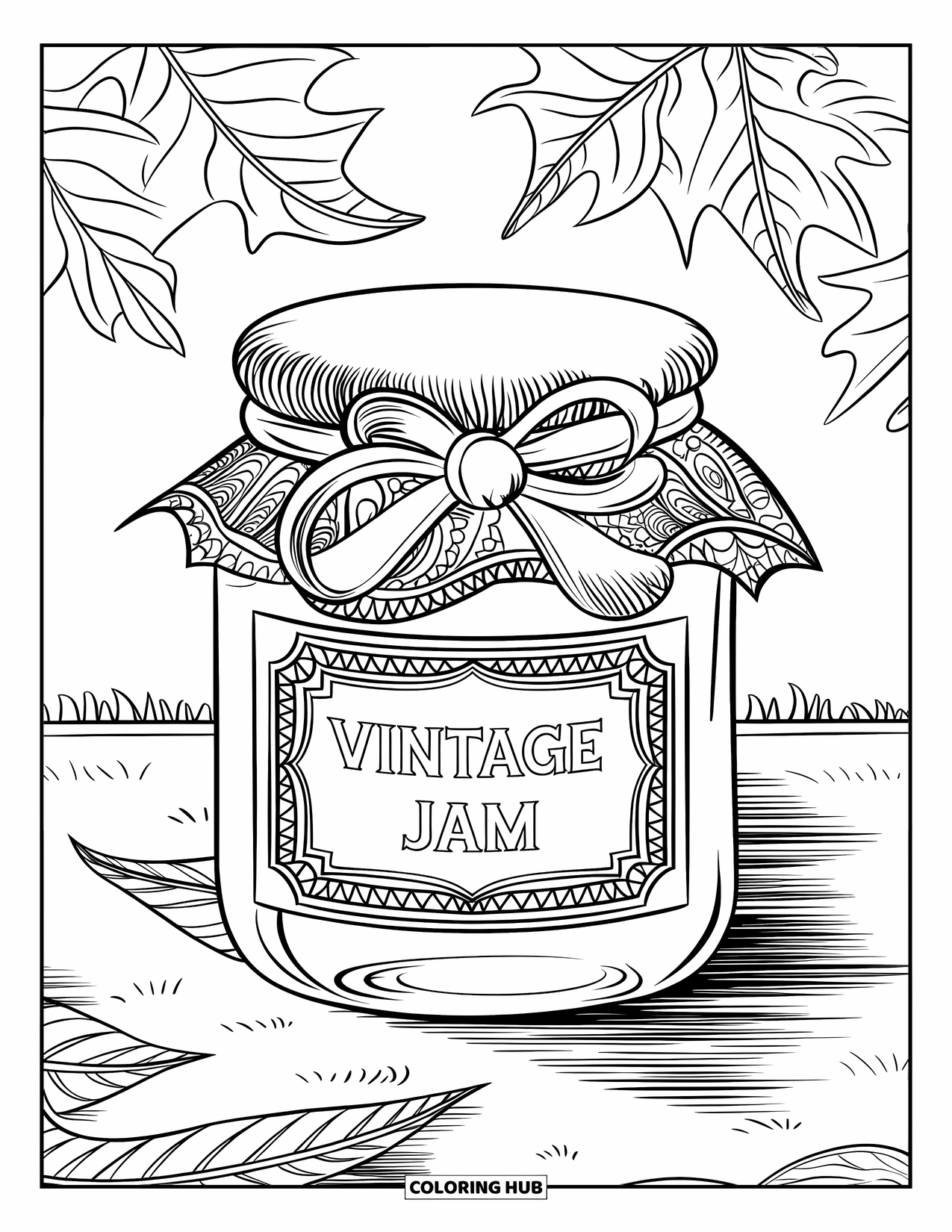 Jar Coloring Page for Adults: A vintage jam jar with a ribbon lid and label is framed by leaves