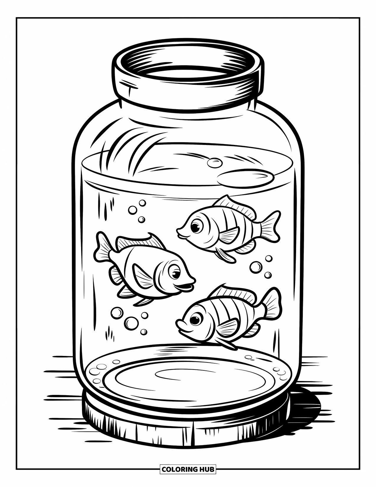 Jar Coloring Page for Kids: A big glass jar on wood holds three cartoon fish with surrounding bubbles