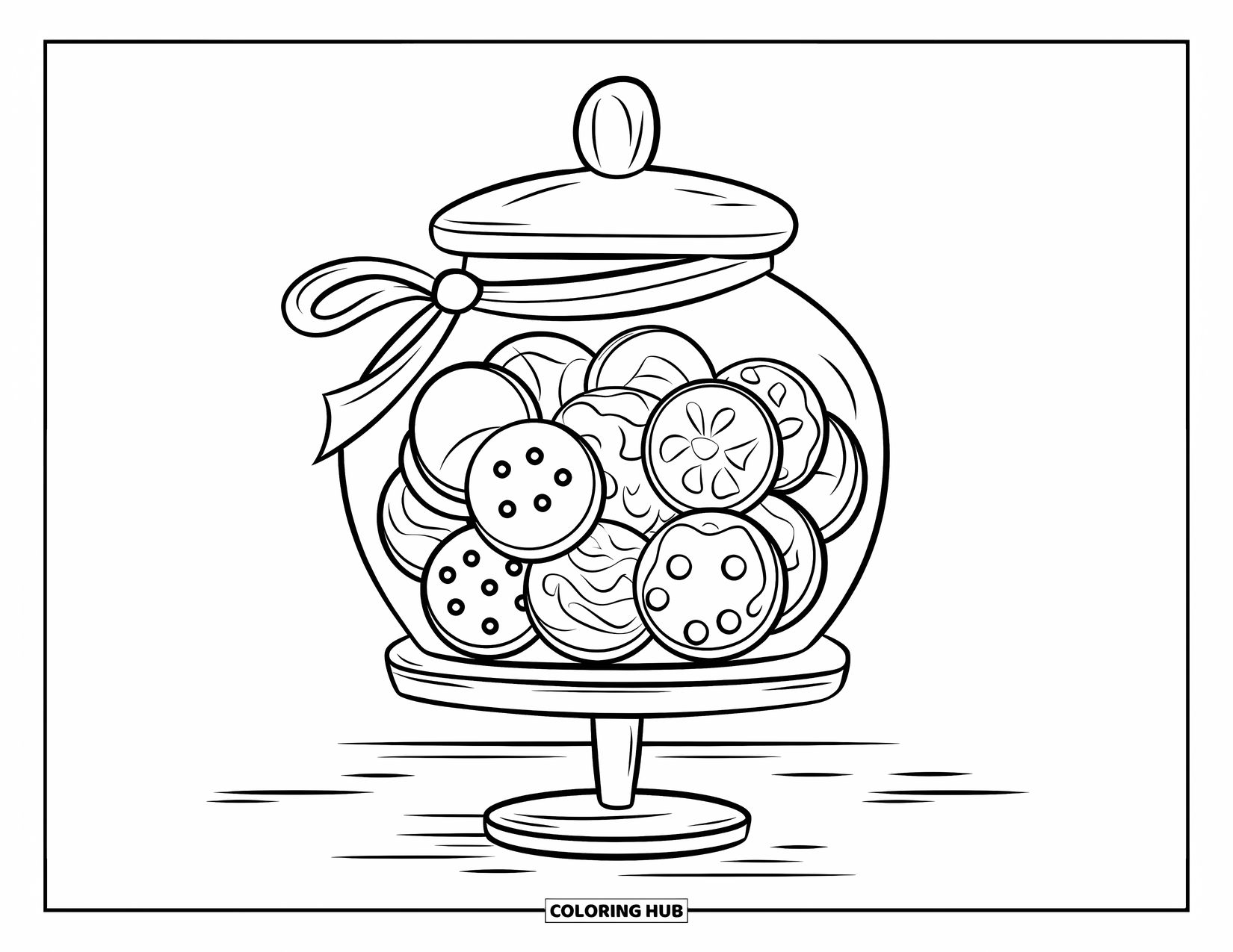 Jar Coloring Page for Kids: A cookie jar on a wooden stand holds cookies peeking out with a ribbon