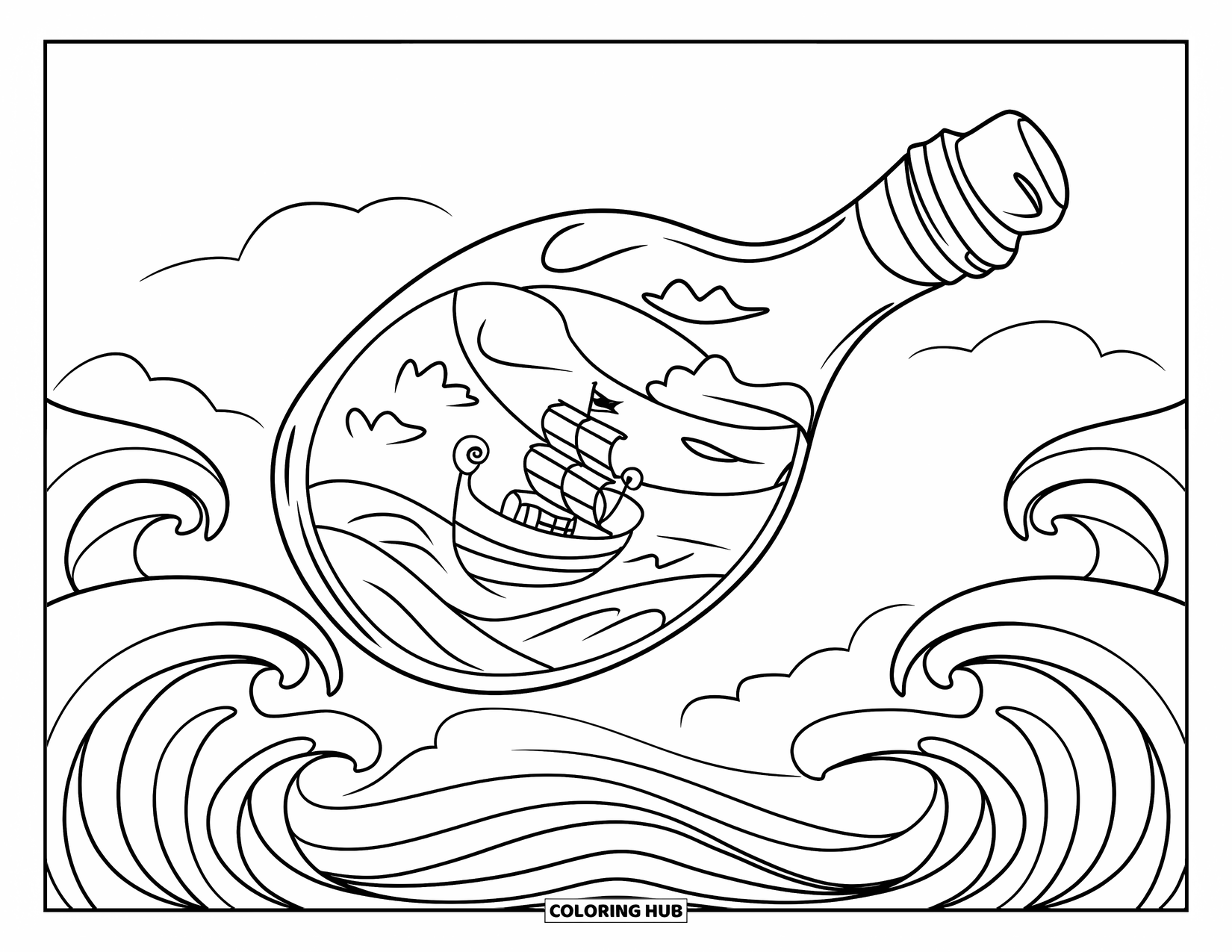 Jar Coloring Page for Kids: A floating bottle jar containing a tiny ship is surrounded by waves
