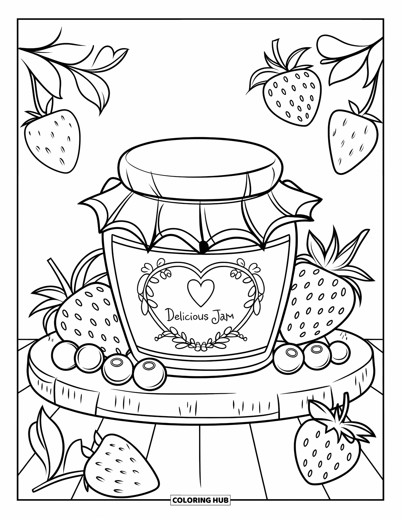 Jar Coloring Page for Kids: A jam jar on wood filled with red jam is flanked by strawberries and blueberries