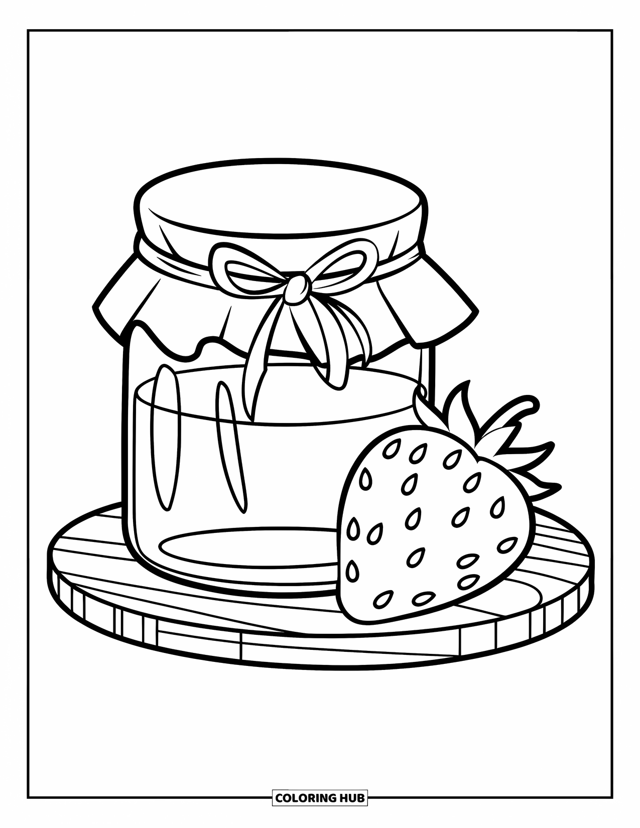 Jar Coloring Page for Kids: A jam jar with a fabric cover and a strawberry sits on a wooden board
