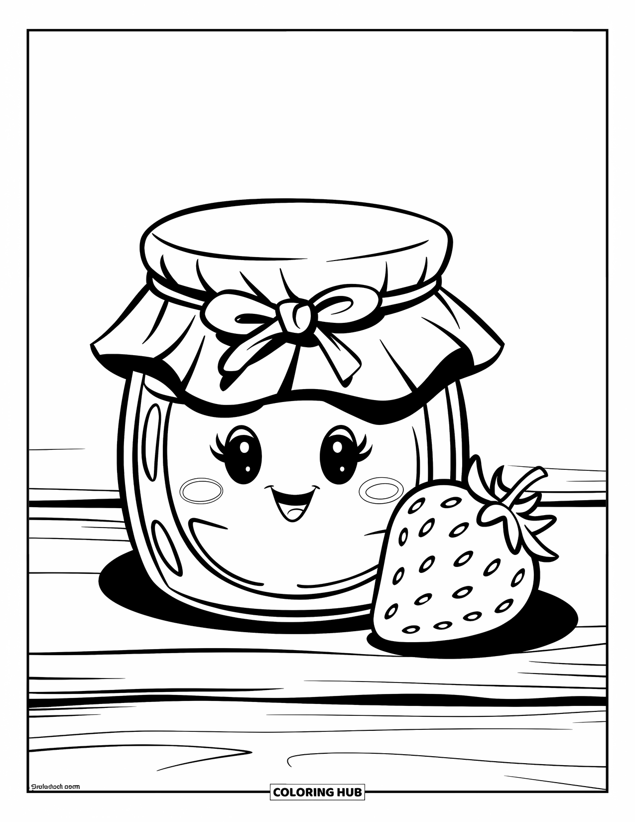 Jar Coloring Page for Kids: A jam jar with a fabric cover sits on wood, accompanied by a strawberry
