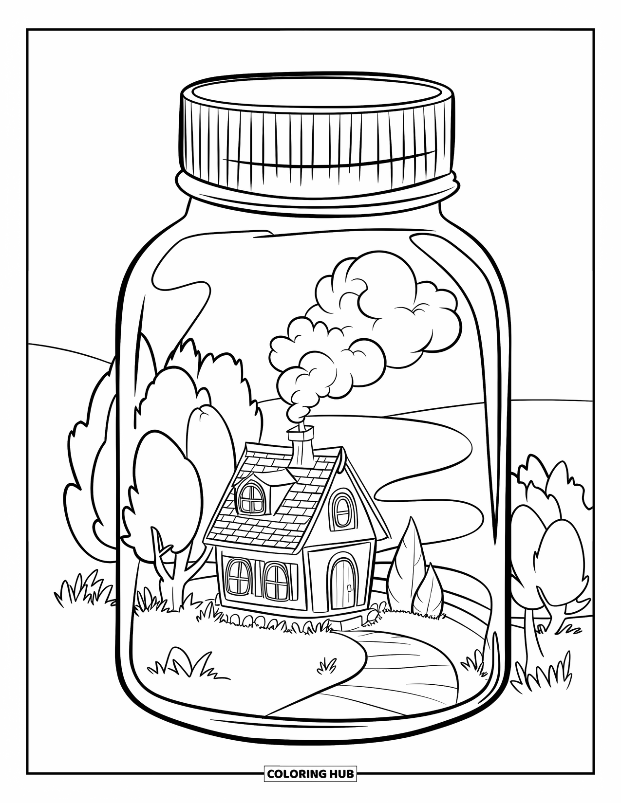 Jar Coloring Page for Kids: A jar encloses a tiny house with a chimney, trees, and a fairy-tale path