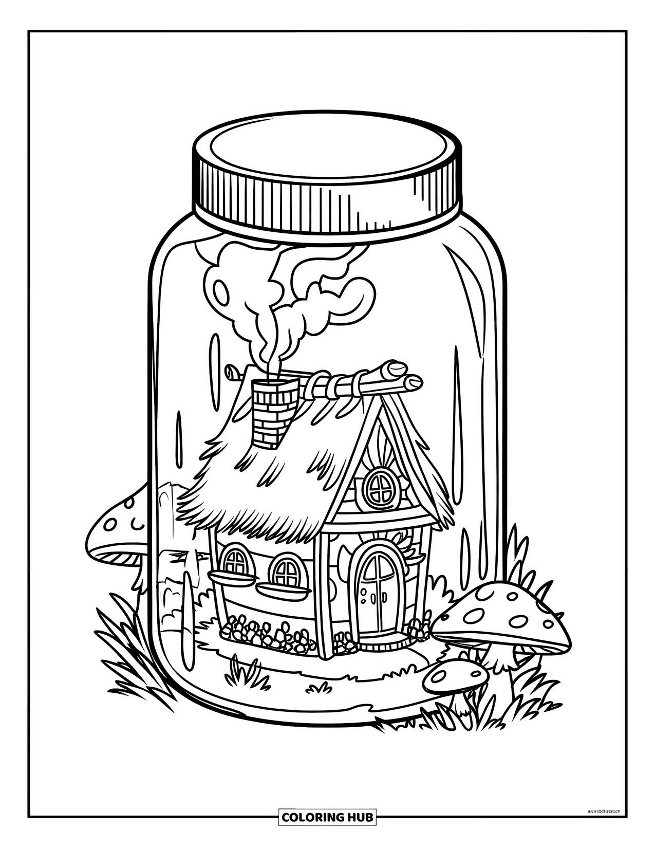 Jar Coloring Page for Kids: A jar holds a tiny house with a thatched roof, chimney smoke, and greenery