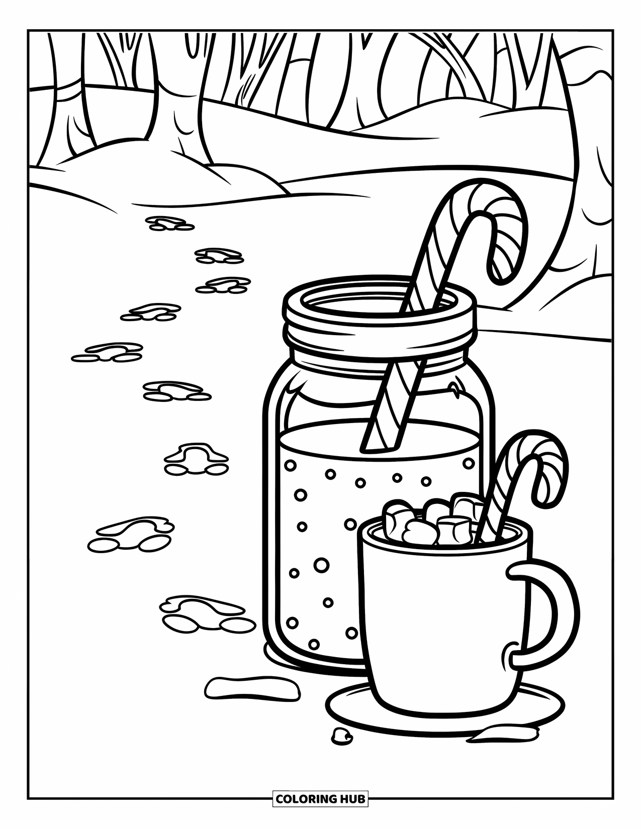 Jar Coloring Page for Kids: A jar of cocoa with a candy cane and white mug rests on snowy ground