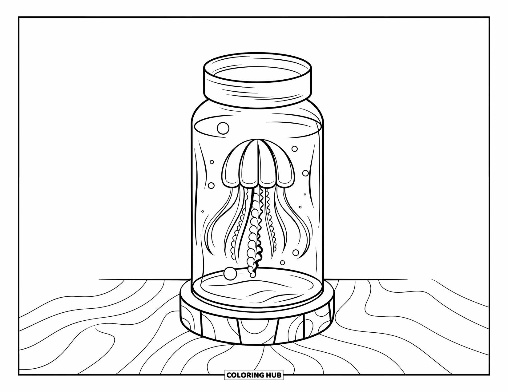 Jar Coloring Page for Kids: A jar on a wooden base holds a floating jellyfish with flowing tentacles