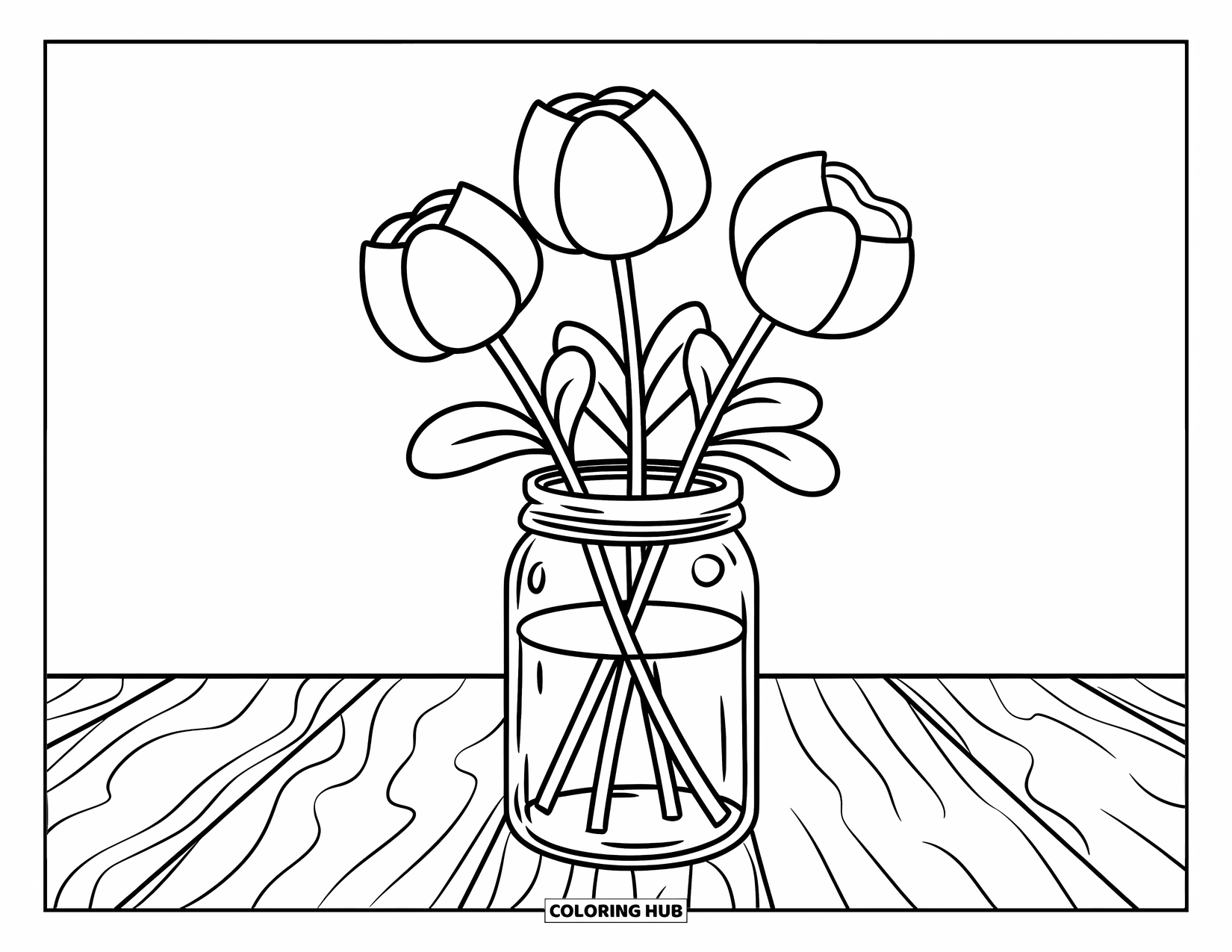 Jar Coloring Page for Kids: A jar on a wooden table holds flowers with three large blooms and bold stems
