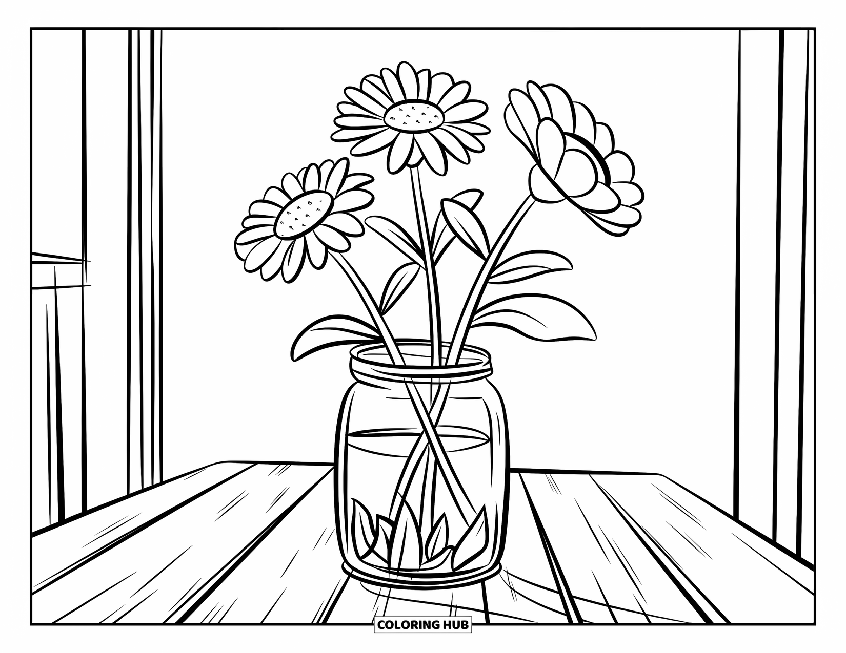 Jar Coloring Page for Kids: A jar on a wooden table holds three large blooms with bold stems and leaves