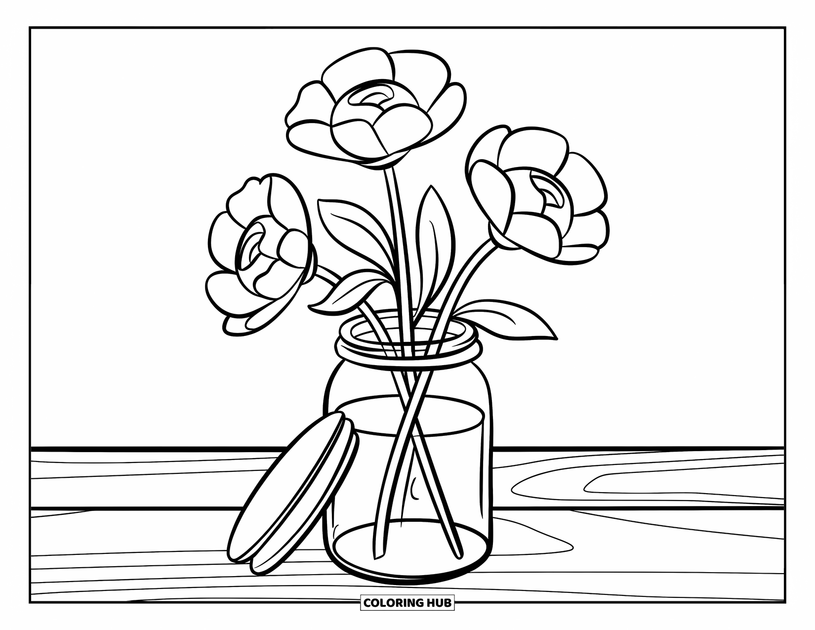 Jar Coloring Page for Kids: A jar on wood holds three large flowers with bold stems
