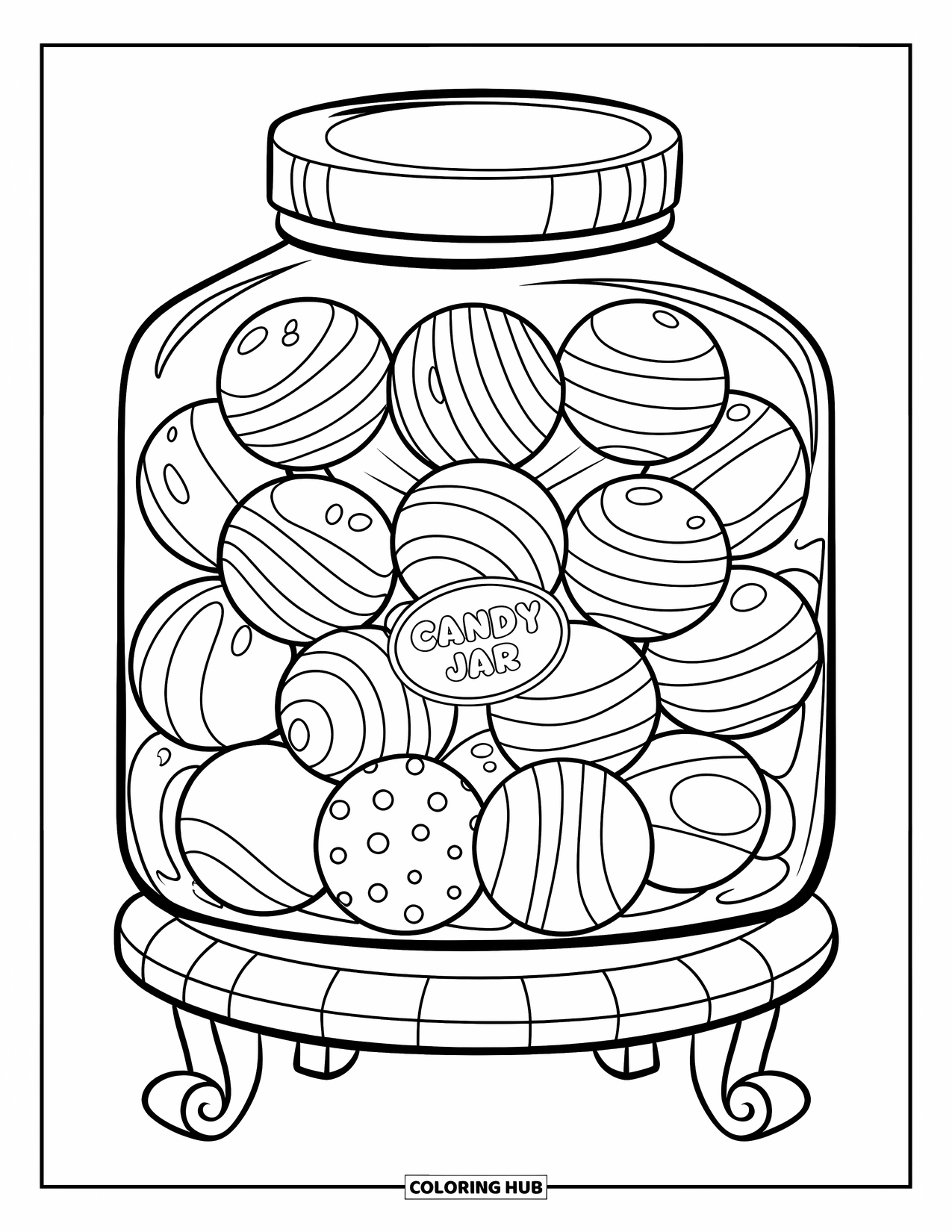 Jar Coloring Page for Kids: A large jar on wood displays candies with dots, stripes, and a Candy Jar label