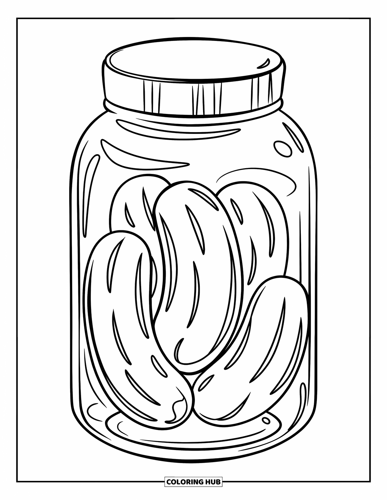 Jar Coloring Page for Kids: A large pickle jar with a lid contains three big pickles with curved textures