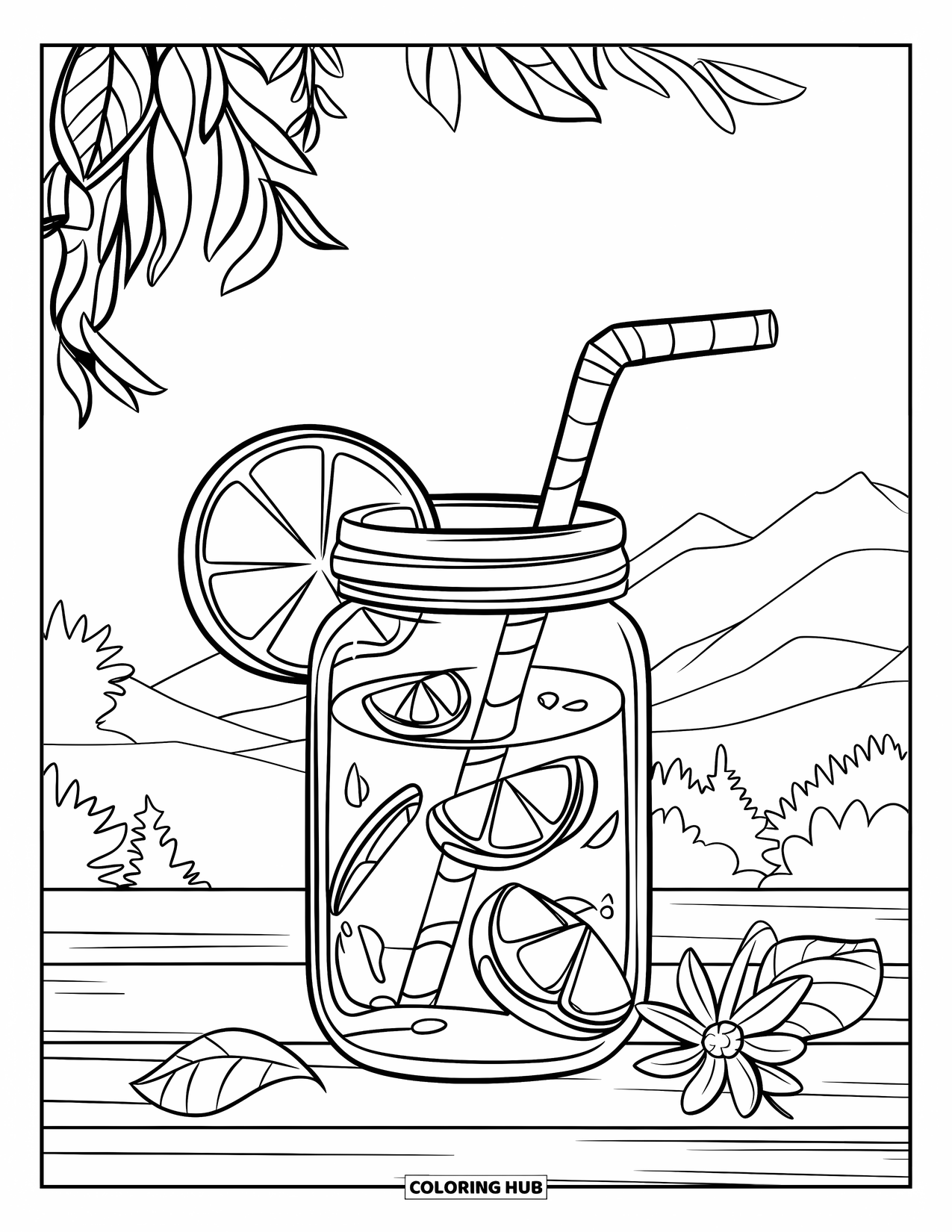 Jar Coloring Page for Kids: A lemonade jar on a wooden table with leaves and a flower stands amid mountains