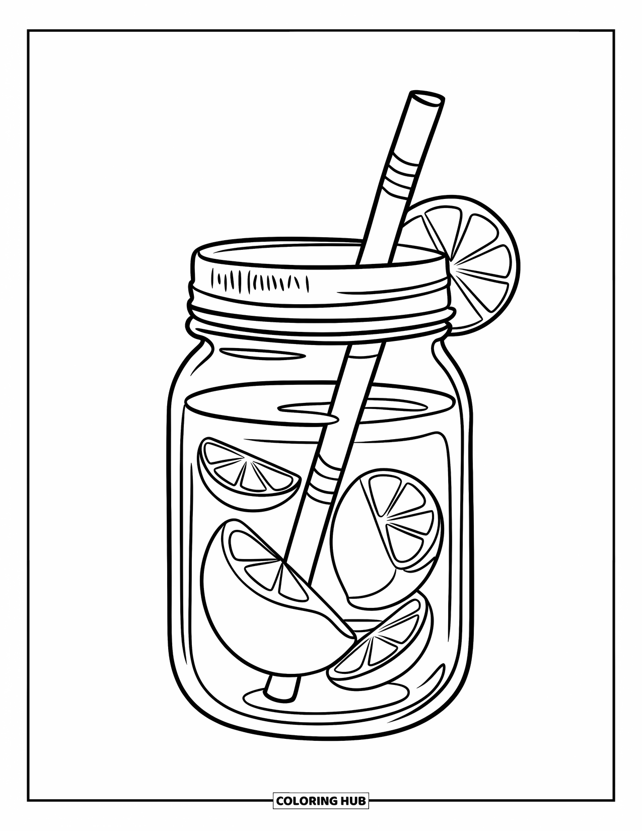 Jar Coloring Page for Kids: A lemonade jar with a big straw holds floating lemon slices on a white background