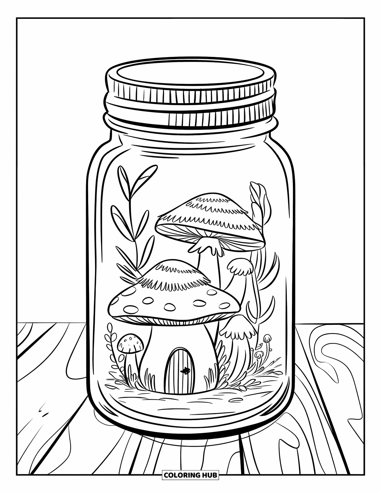 Jar Coloring Page for Kids: A mason jar on wood encloses a mushroom house with a thatched roof and door