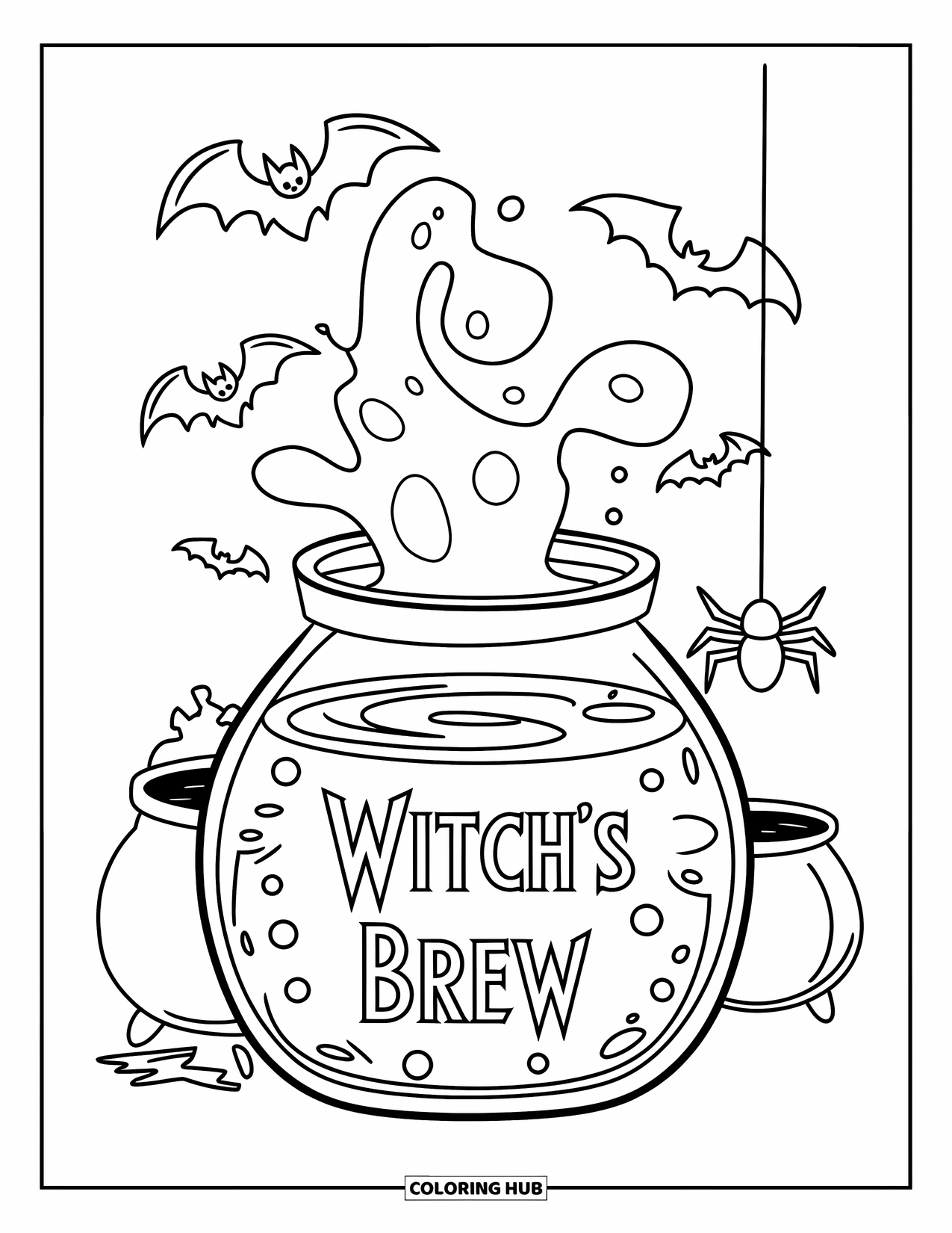 Jar Coloring Page for Kids: A spooky jar labeled Witchs Brew holds swirling liquid amid bats and a spider