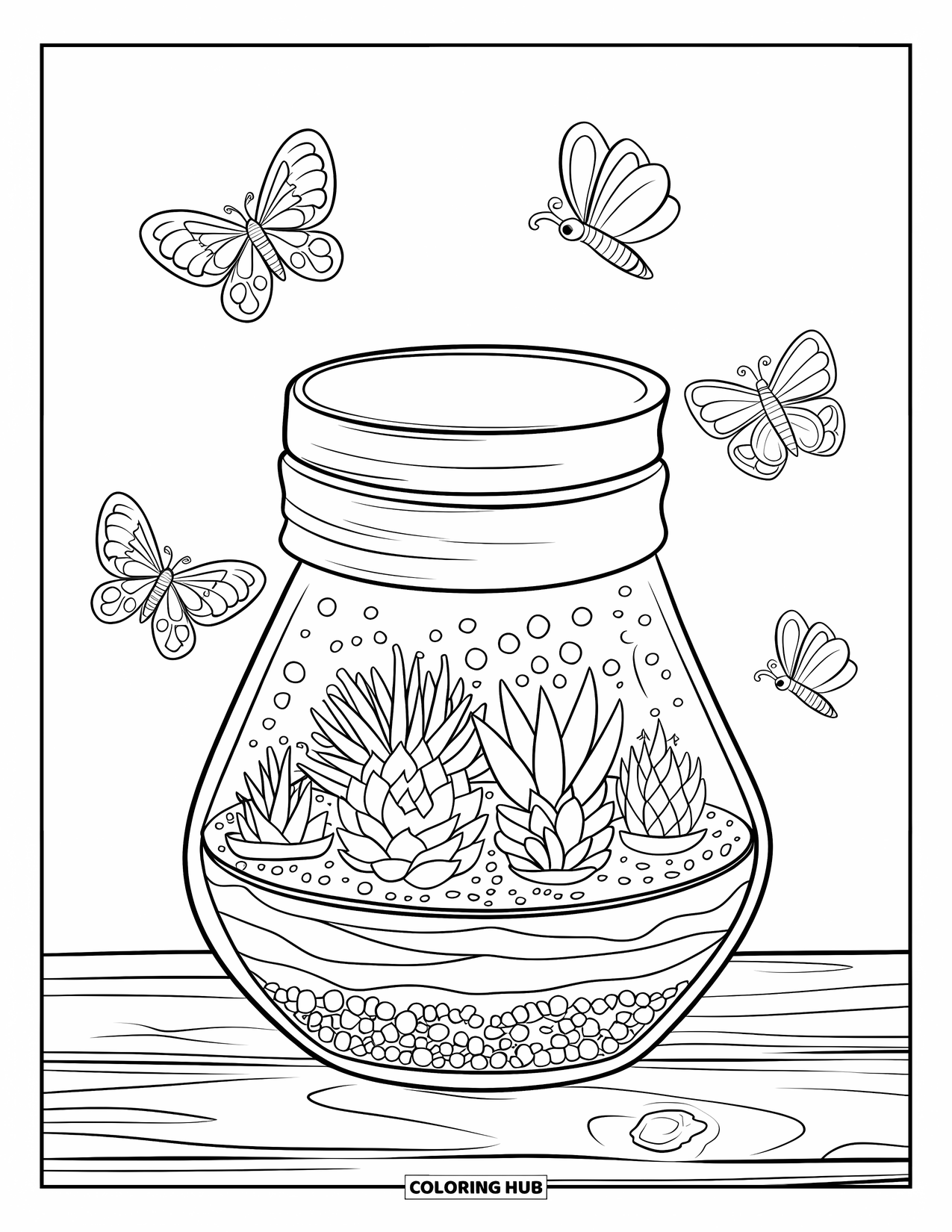 Jar Coloring Page for Kids: A terrarium jar on a wooden surface holds soil layers, succulents, and tiny stones