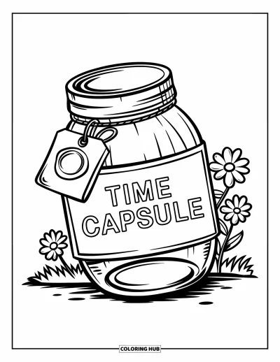 Desen de colorat cu borcan pentru copii: Un borcan vintage etichetat Capsula Timpului cu sigiliu de ceară stă înclinat printre flori pe iarbă