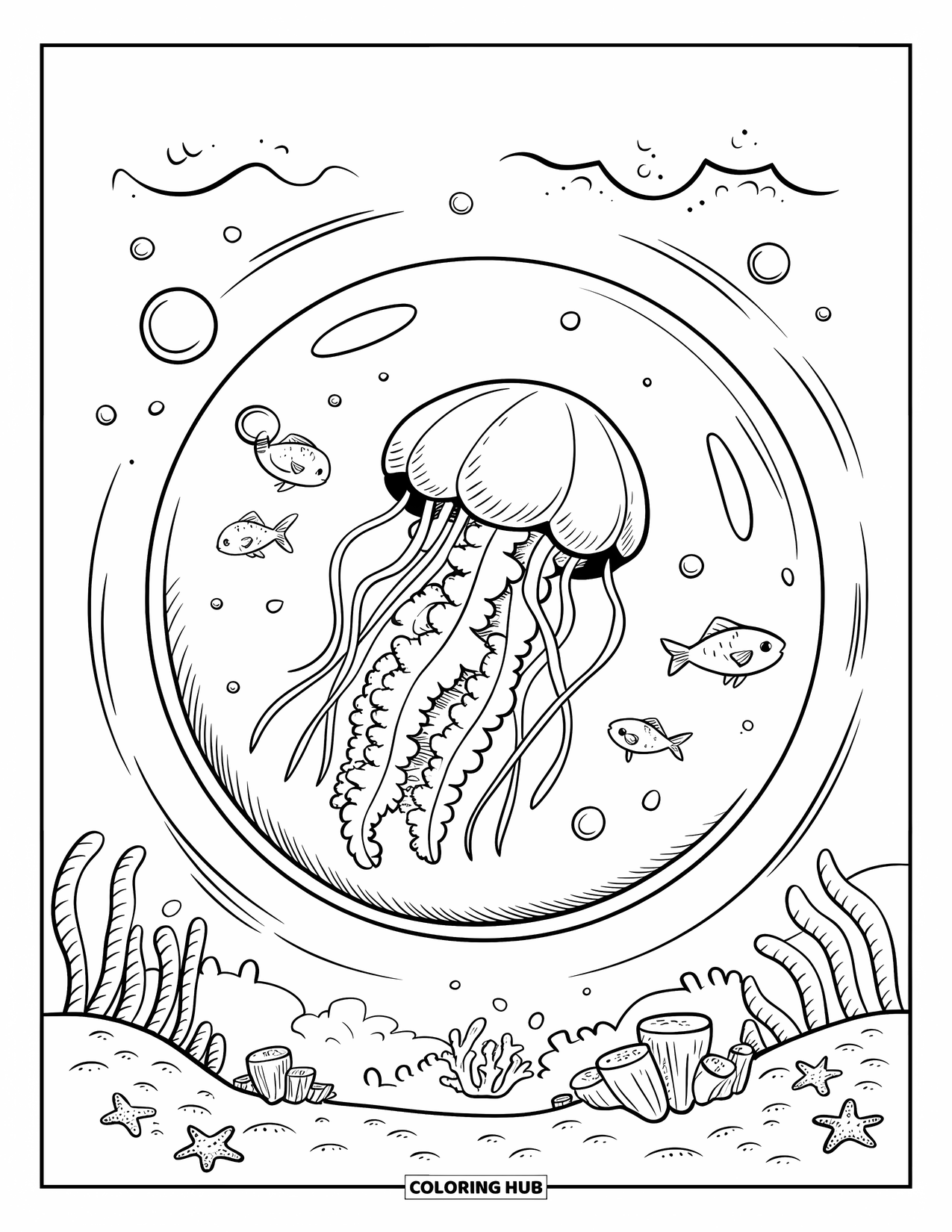 Desenho de água-viva para colorir para adultos: Uma água-viva bebê flutua em uma bolha enquanto pequenos peixes e criaturas marinhas se reúnem abaixo
