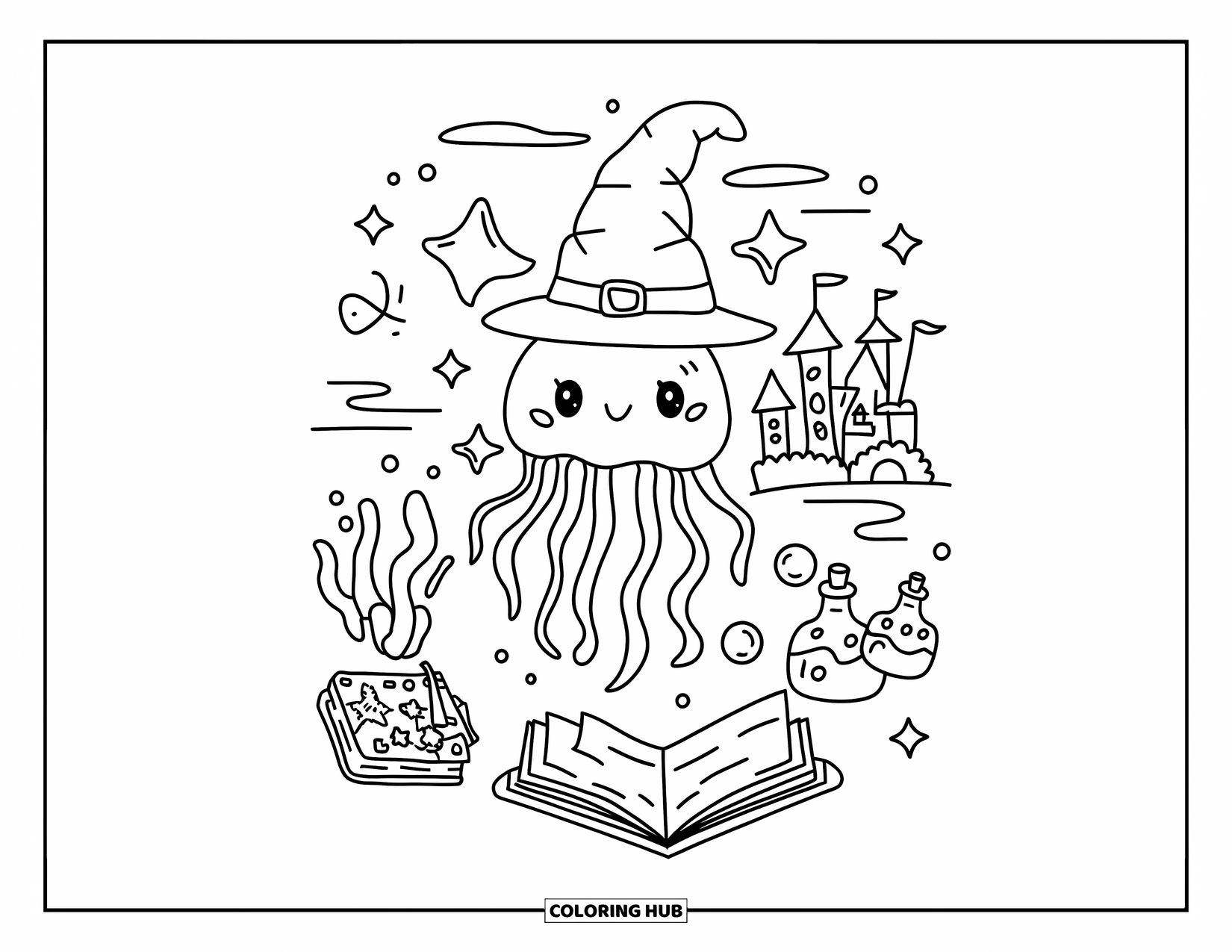 Desenho de água-viva para colorir para adultos: Uma água-viva bebê usando um chapéu de mago flutua entre livros de feitiços e bolhas de poções cintilantes