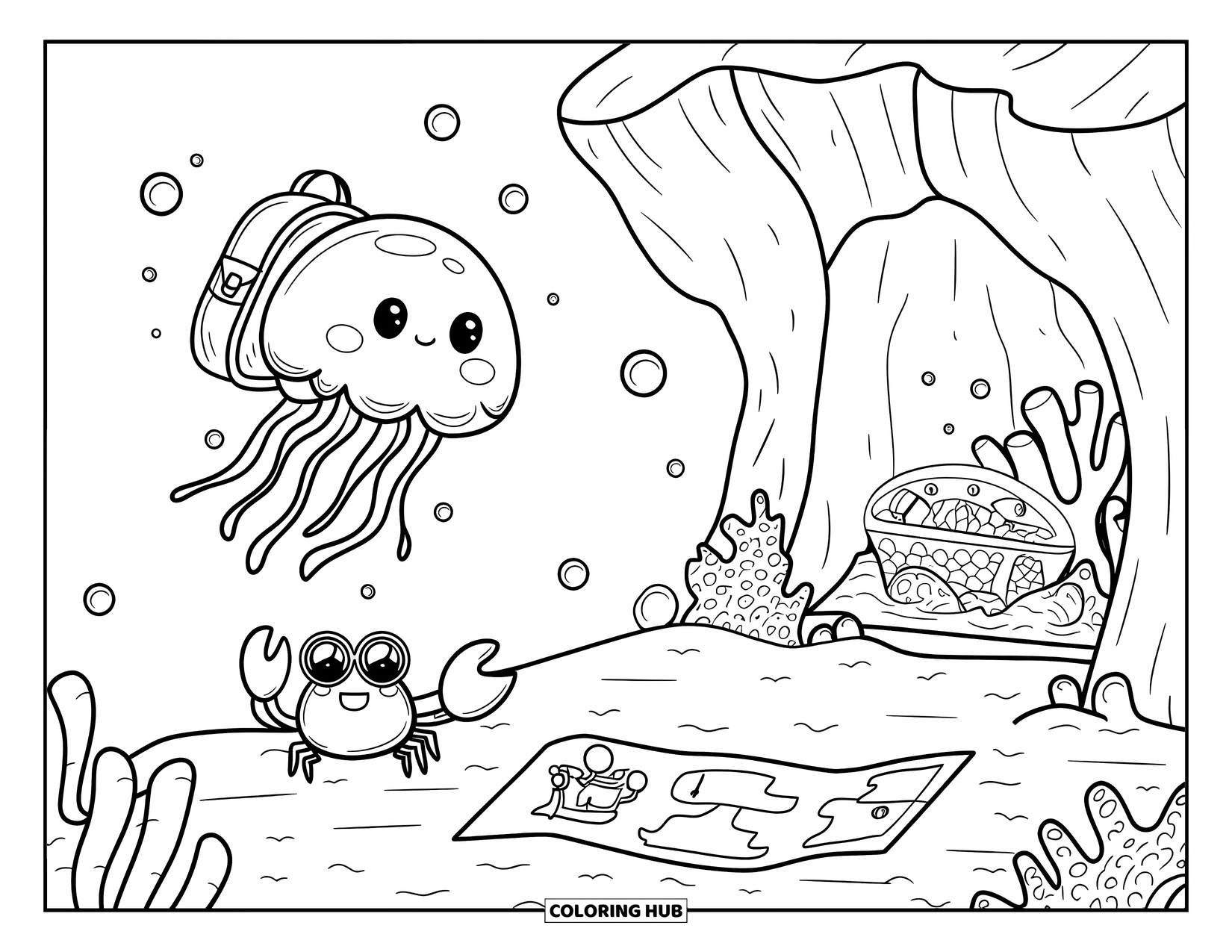 Desenho de água-viva para colorir para adultos: Uma água-viva usando uma mochila flutua em direção a uma caverna de coral, enquanto um caranguejo erudito estuda um mapa