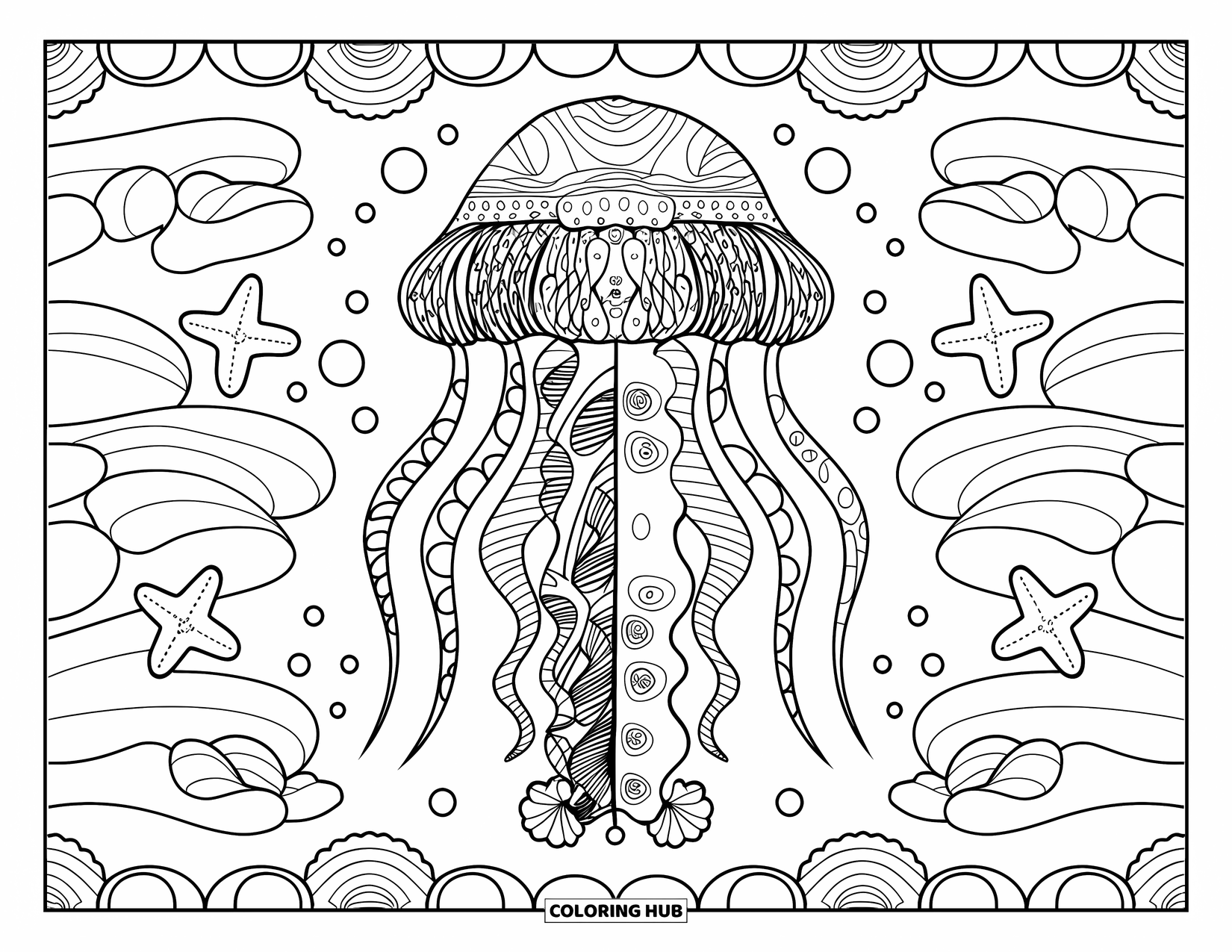 Desenho de água-viva para colorir para adultos: Uma água-viva detalhada com tentáculos ornamentados flutua em um mar cheio de elementos decorativos