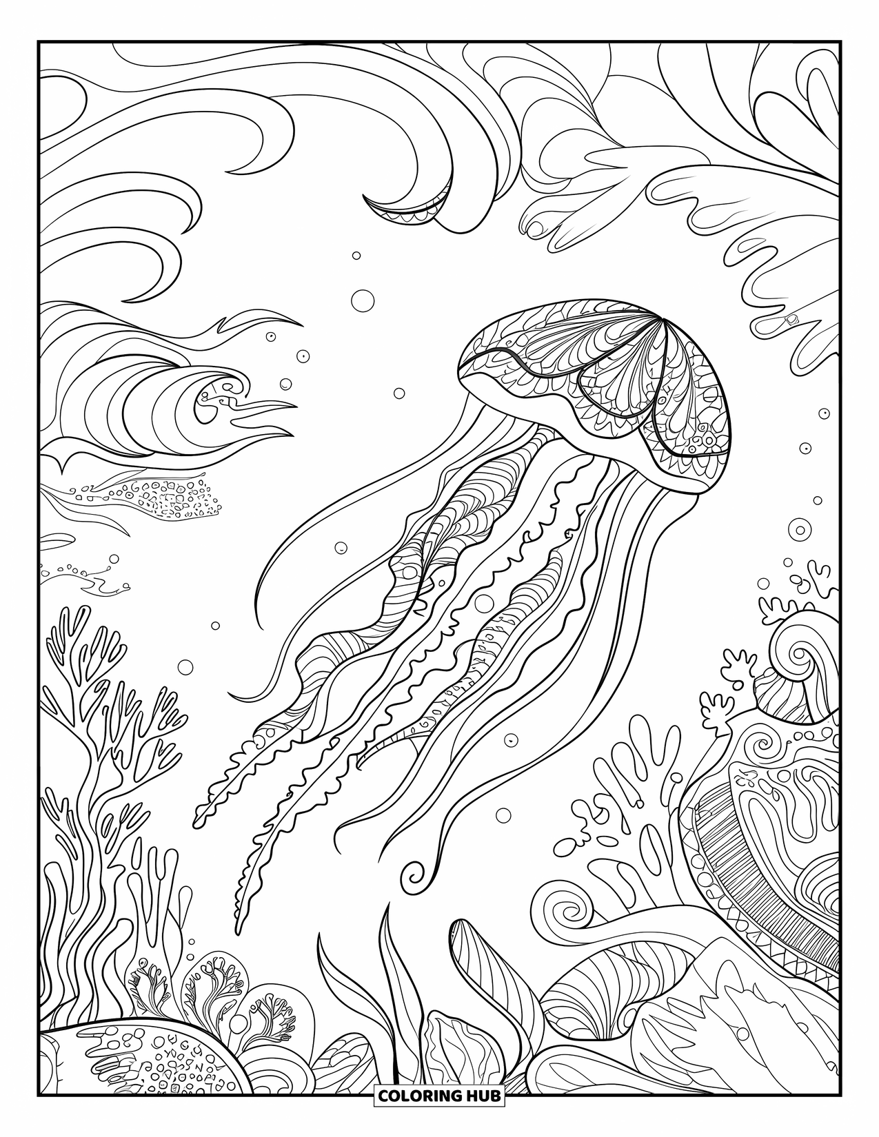 Desenho de água-viva para colorir para adultos: Uma água-viva onírica flutua através de um oceano inspirado na fantasia com ondas ondulantes