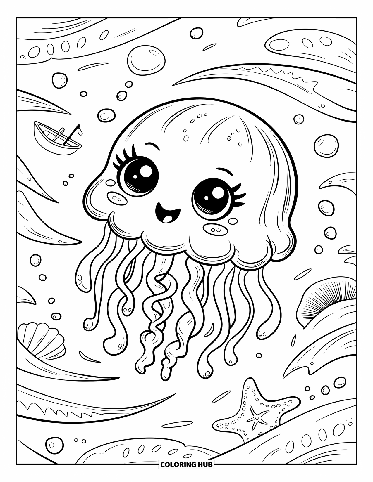 Desenho de água-viva para colorir para adultos: Uma água-viva fofa com olhos brilhantes flutua através de um oceano sonhador, cheio de pequenas maravilhas
