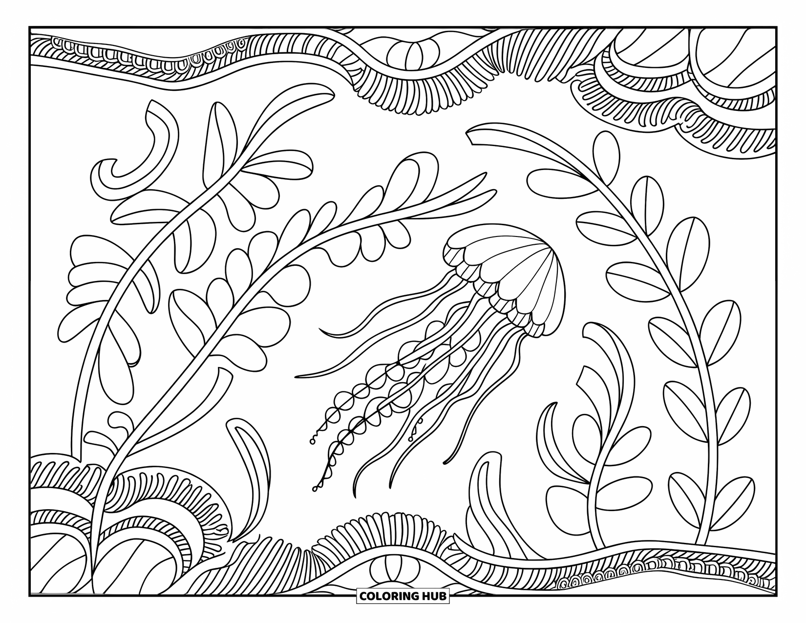Desenho de água-viva para colorir para adultos: Uma água-viva flutua entre algas marinhas ondulantes em uma paisagem subaquática intrincada