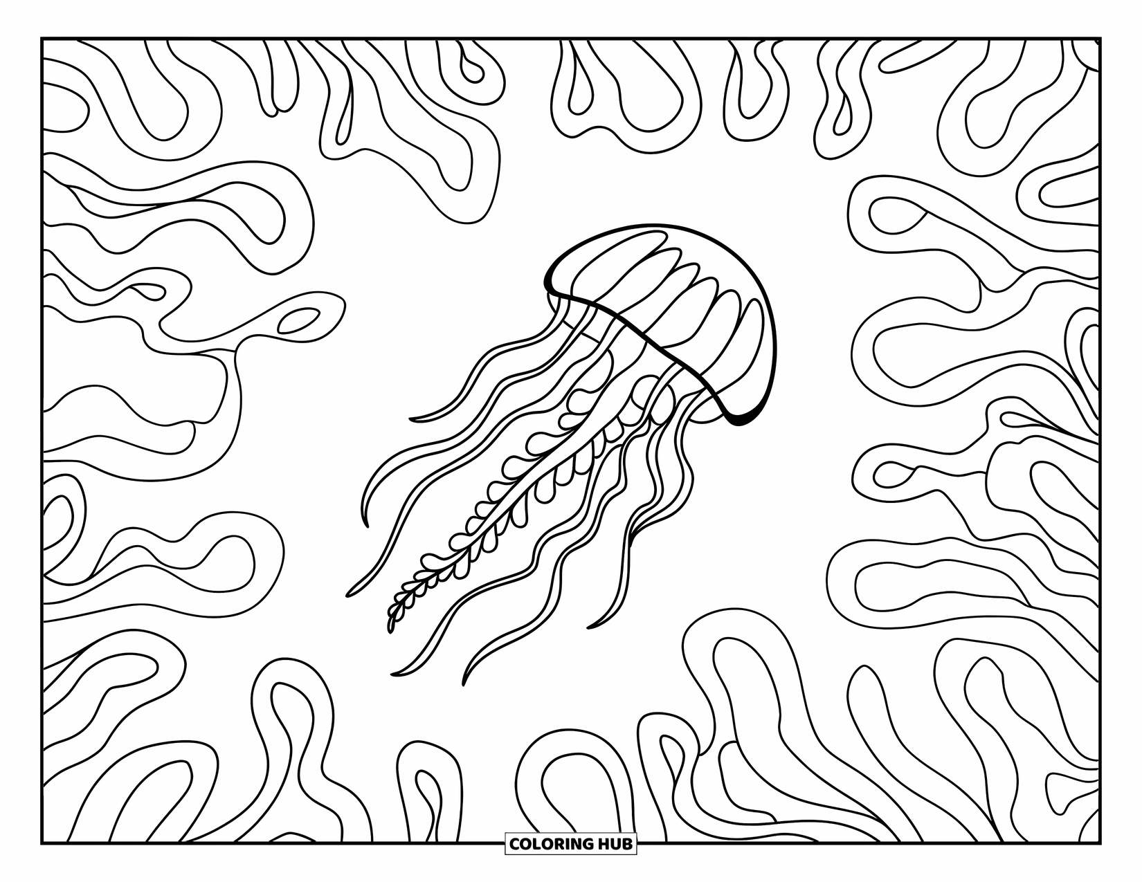 Desenho de água-viva para colorir para adultos: Uma água-viva desliza através de um mundo subaquático artístico cercado por algas marinhas em loop