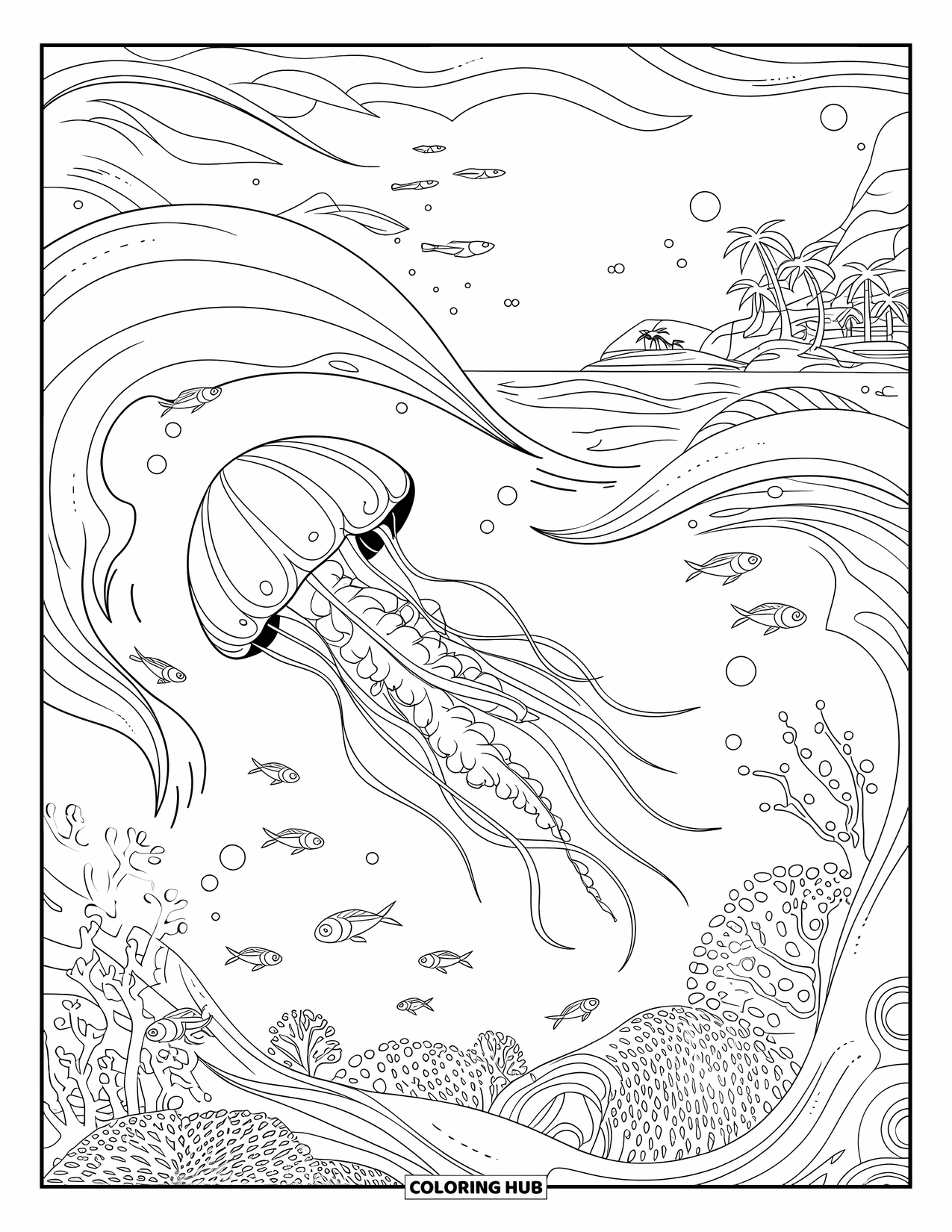Desenho de água-viva para colorir para adultos: Uma água-viva se move através de um mar inspirado na fantasia, com corais e ilhas distantes à vista