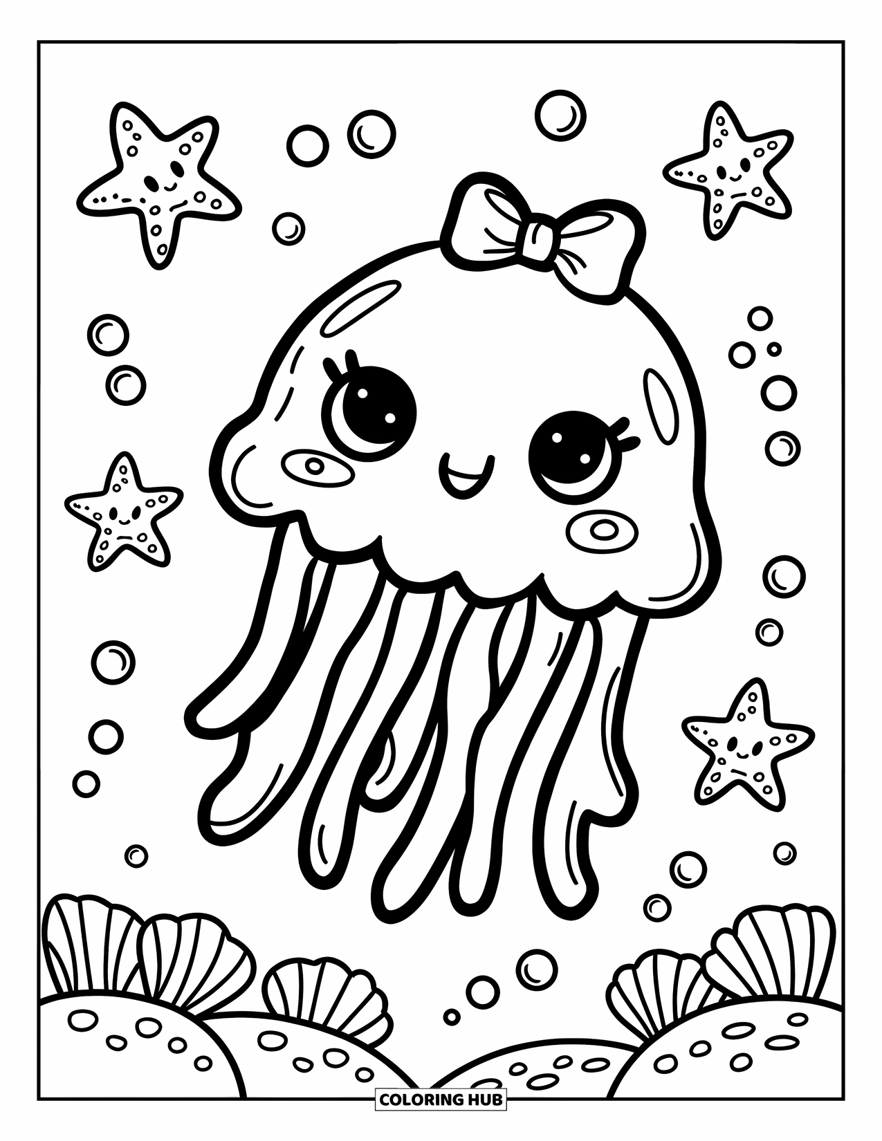 Desenho de água-viva para colorir para adultos: Uma água-viva com um laço desliza por um oceano suave, cercada por estrelas-do-mar sorridentes