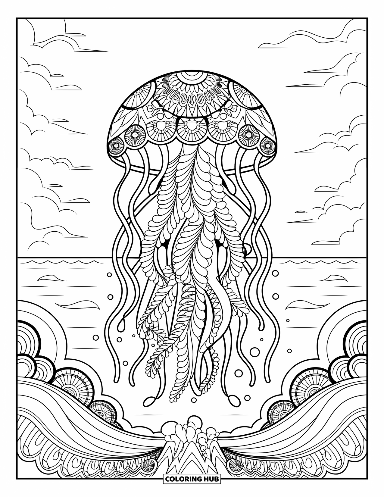 Desenho de água-viva para colorir para adultos: Uma água-viva com um corpo detalhado e artístico flutua através de ondas e um céu suave