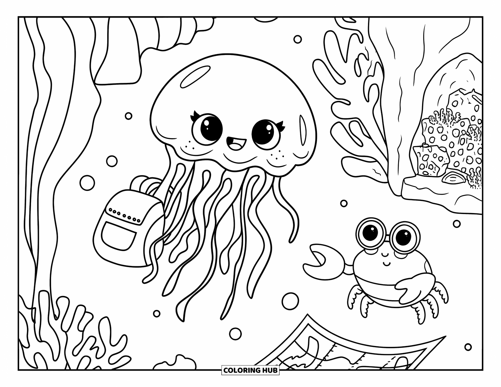 Desenho de água-viva para colorir para adultos: Uma água-viva com uma pequena mochila embarca em uma aventura subaquática perto de uma caverna do tesouro